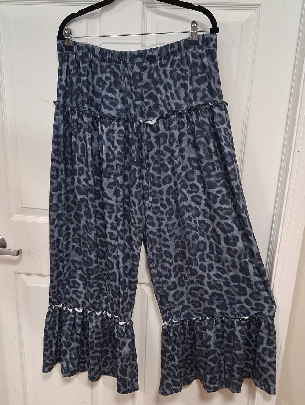 Blue Leopard Print Wide-Leg Ruffle Pants